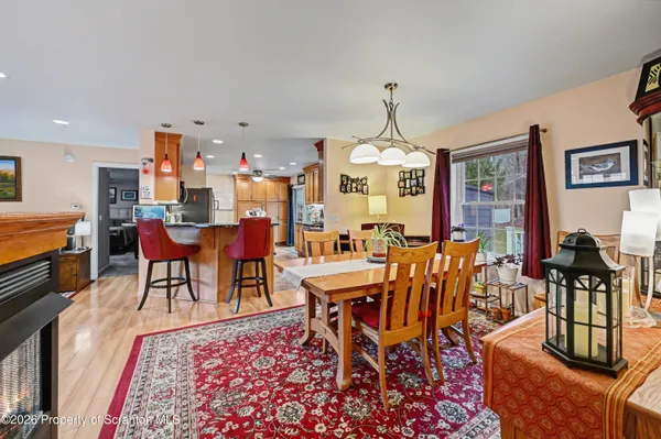 a view of a dining room with furniture