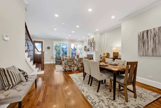 a view of a dining room with furniture