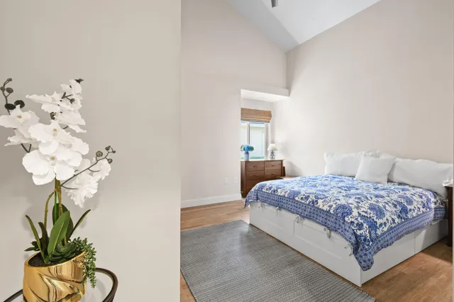 a bedroom with a bed plant and a chandelier