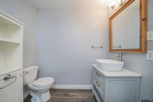 a bathroom with a sink toilet and mirror