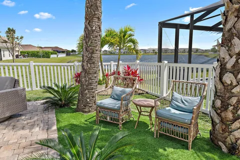 a garden view with a seating space