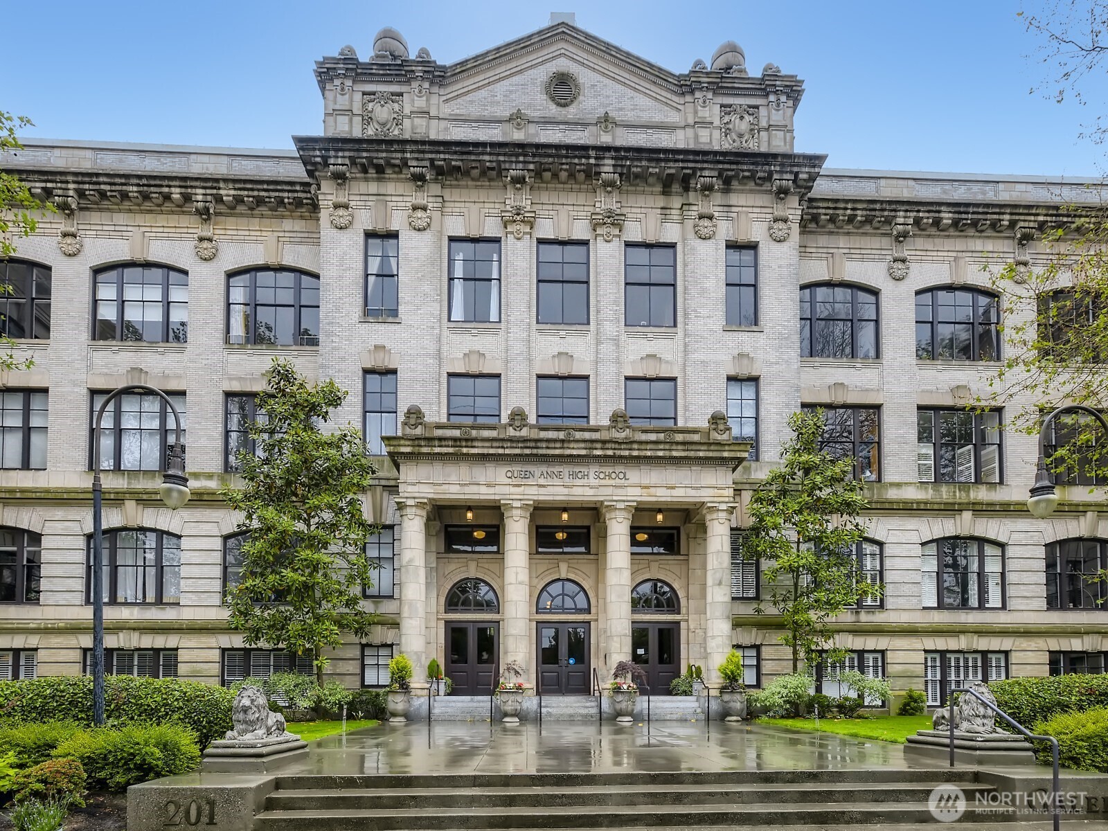 a front view of a building with balcony