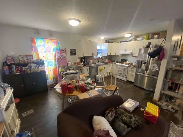 a living room with lots of furniture and kitchen view