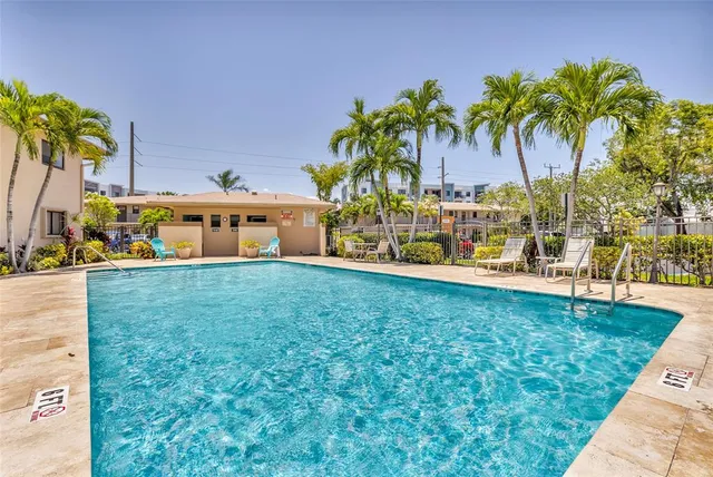swimming pool view with a garden