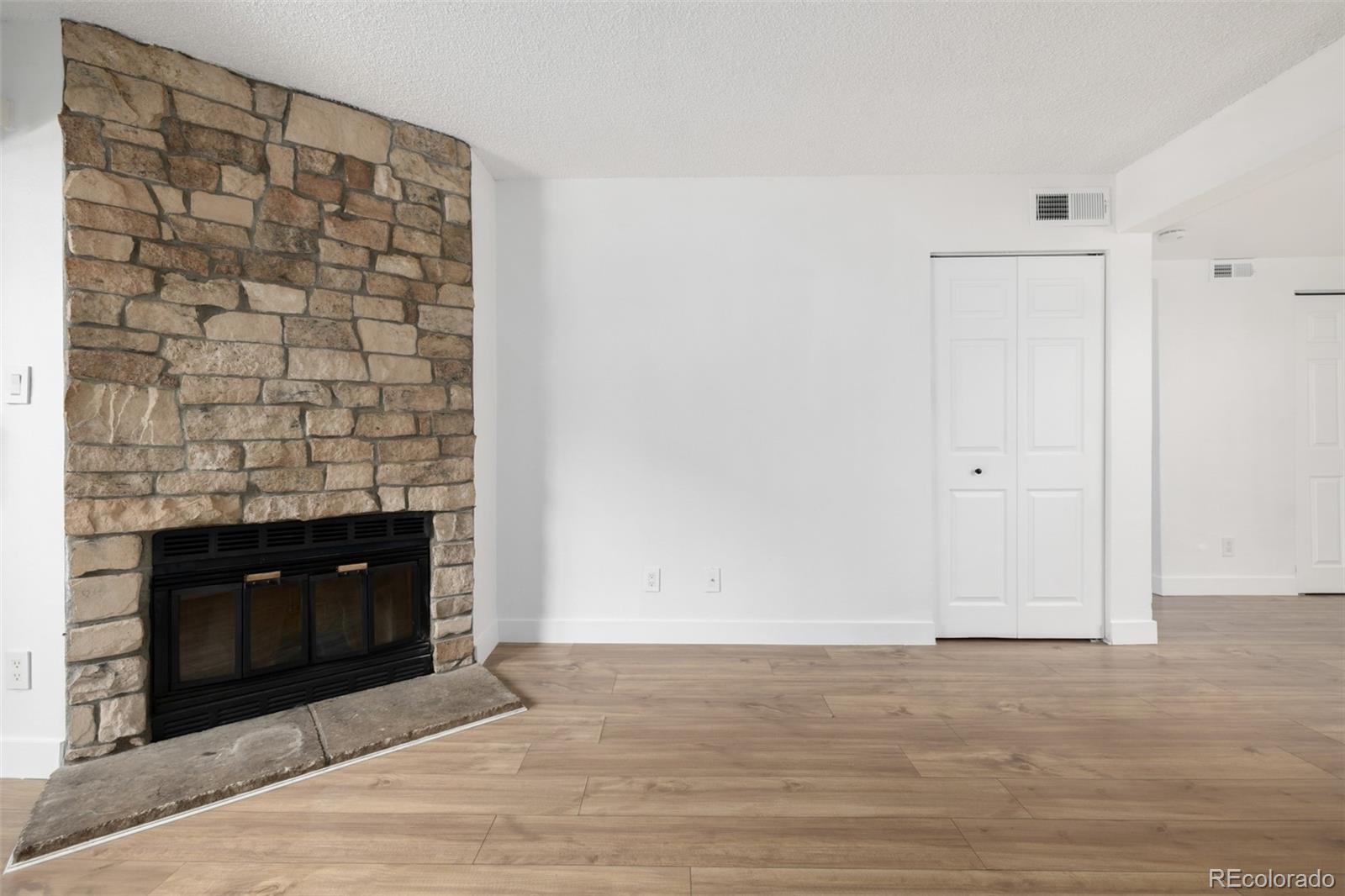 2929 West Floyd Avenue, Unit 201 Denver, CO 80236 - Photo 3 of 28 a view of an empty room with wooden floor and a fireplace