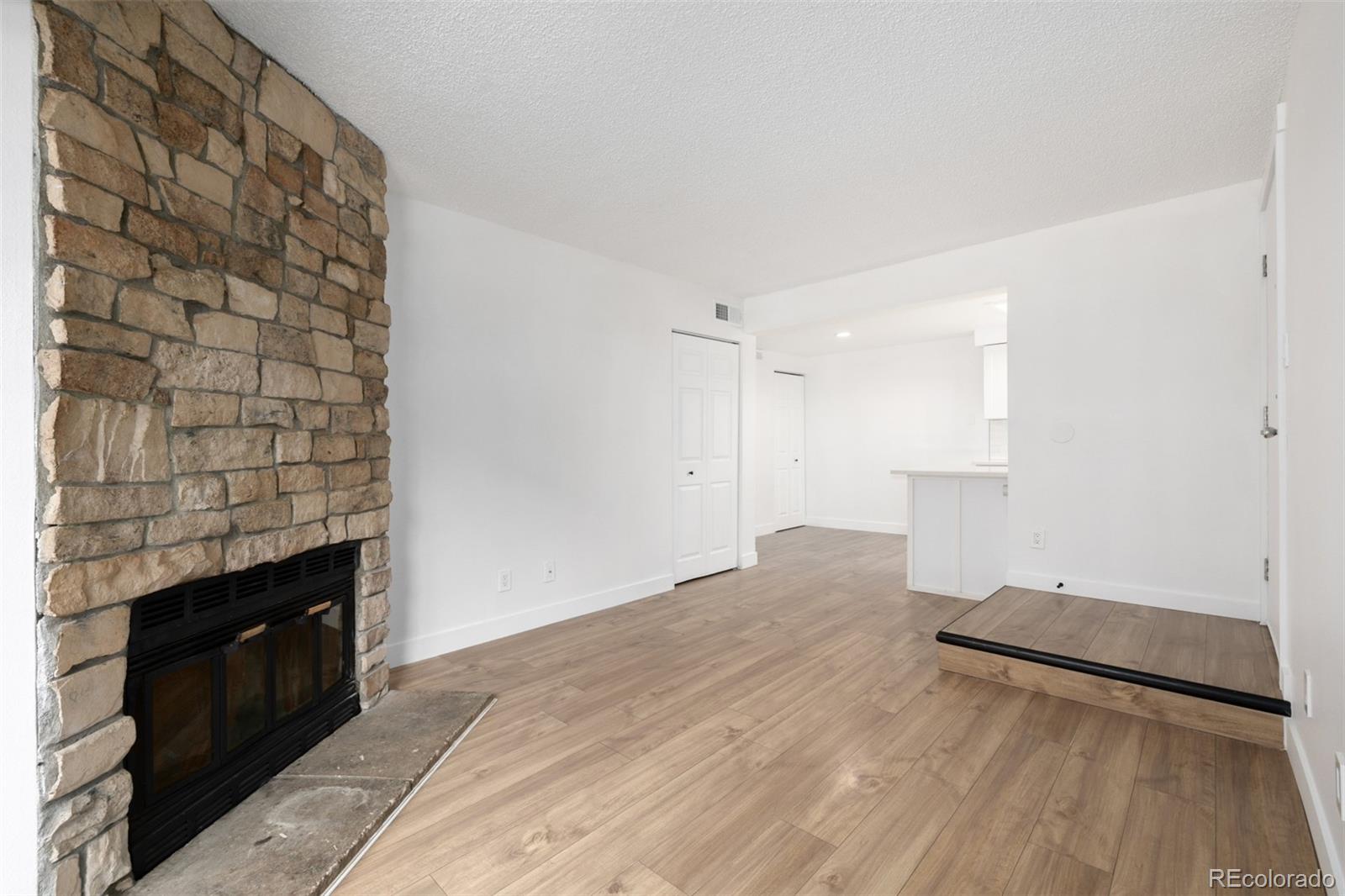 2929 West Floyd Avenue, Unit 201 Denver, CO 80236 - Photo 5 of 28 a view of empty room with wooden floor and fireplace