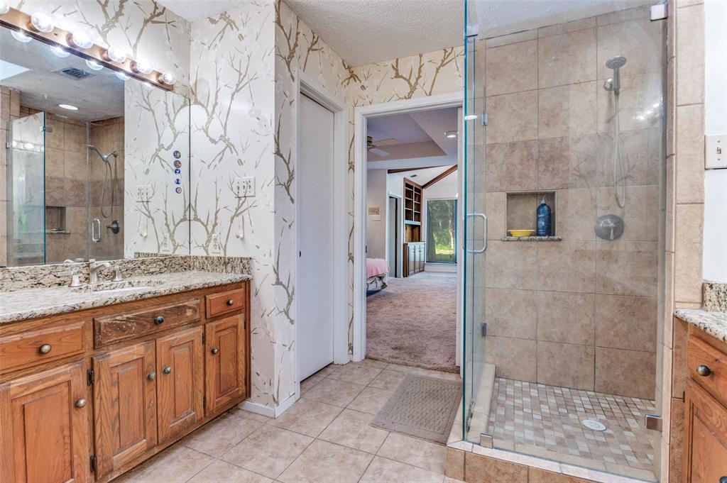3008 Old Mill Run Grapevine, TX 76051 - Photo 23 of 38 a bathroom with a granite countertop sink a mirror and a shower