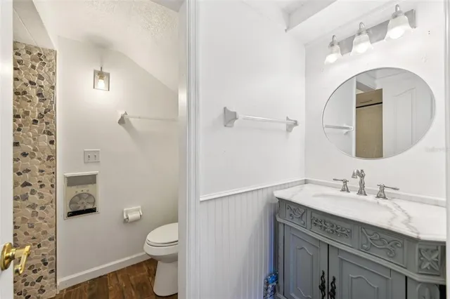 a bathroom with a toilet a sink a vanity and mirror