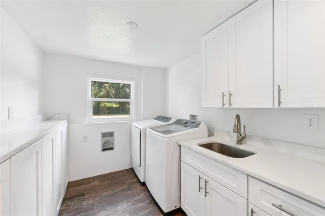 a view of a park with large trees