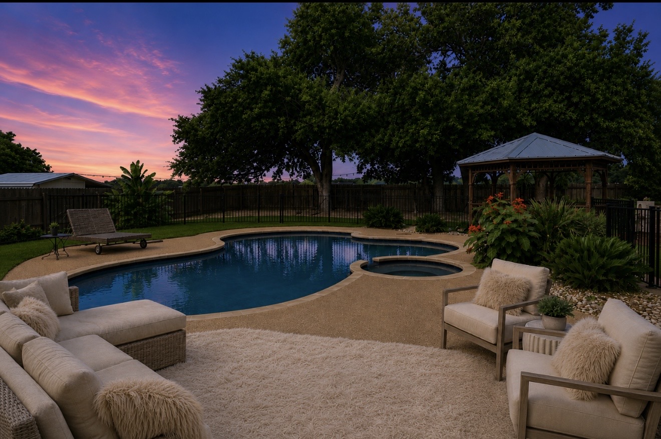 13 Oak View Round Rock, TX 78664 - Photo 2 of 30 An inviting pool and spa area with a charming gazebo, perfect for relaxation and outdoor gatherings.