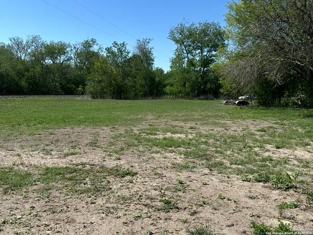 a view of a field with trees in background