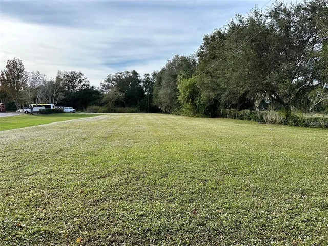 a view of a field with an trees