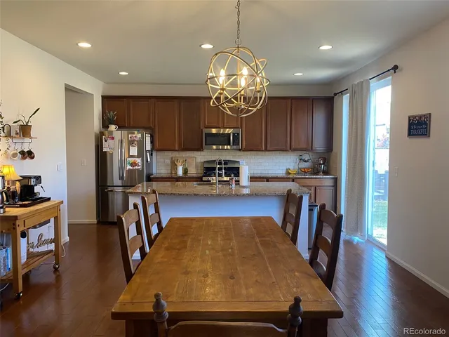 a view of kitchen with dining table and chairs