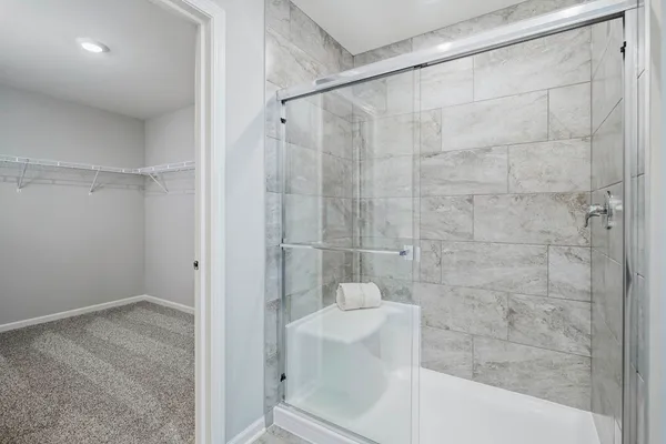 a bathroom with a shower and a toilet sink