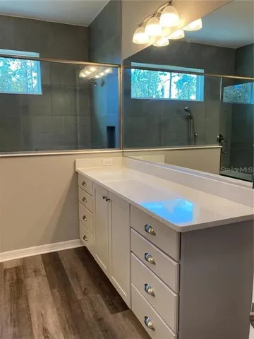 a bathroom with a sink and a mirror