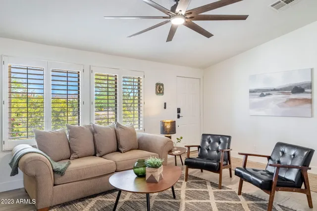 a view of a dining room with furniture