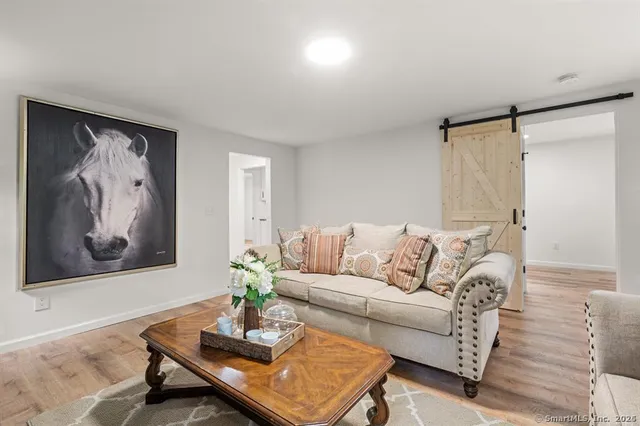 a living room with furniture and a potted plant