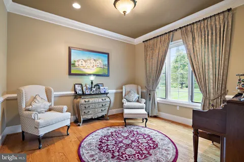 a living room with furniture and a large mirror with potted plant