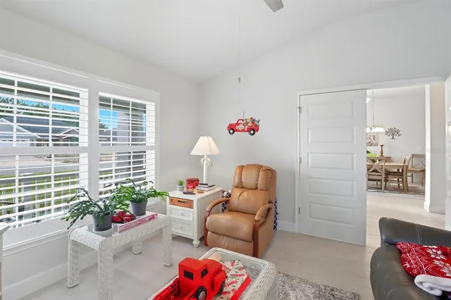 a living room with furniture and a potted plant