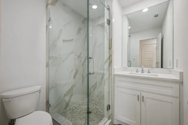 a bathroom with a shower sink vanity mirror and toilet