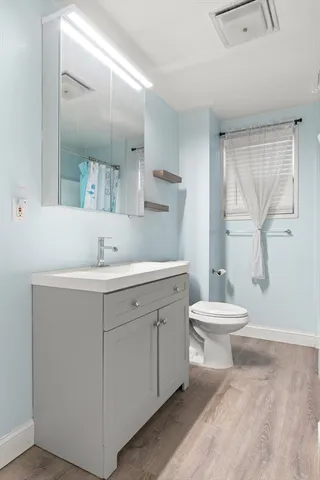 a bathroom with a toilet sink and mirror