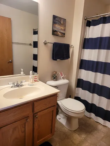 a bathroom with a sink a toilet a mirror and shower curtain