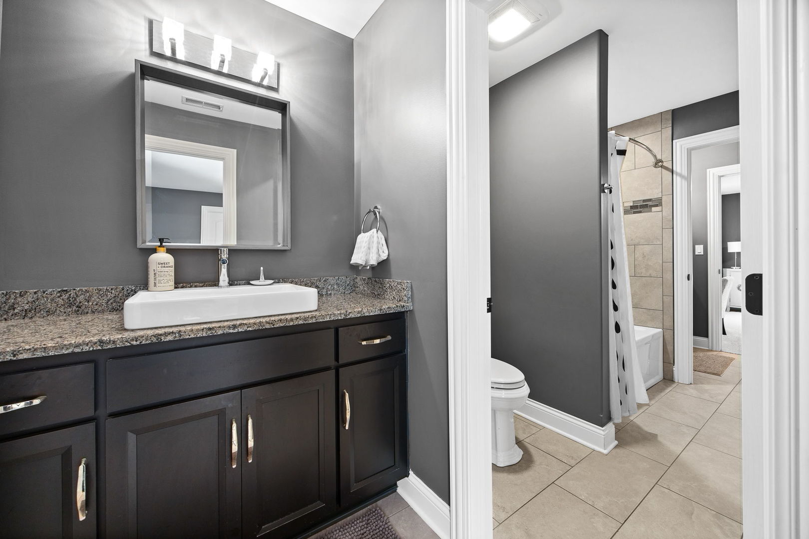 12549 Old Farm Road Manhattan, IL 60442 - Photo 40 of 66 a bathroom with a granite countertop sink toilet and shower