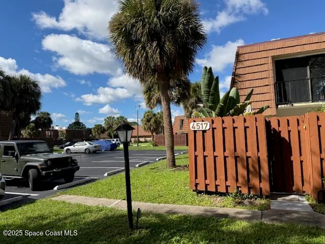 a view of a backyard with potted plants and a large tree