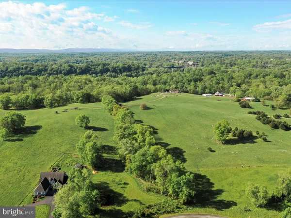 an aerial view of residential houses with outdoor space and trees