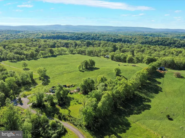 an aerial view of residential houses with outdoor space and trees