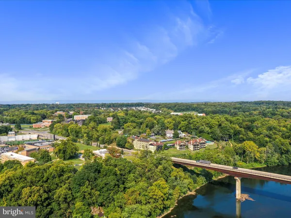 a view of a city with lush green forest