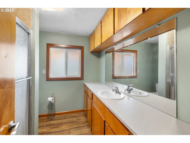 a bathroom with a sink vanity and a mirror