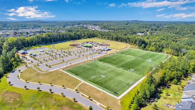 an aerial view of a pool