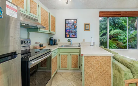 a kitchen with a stove a sink and a refrigerator