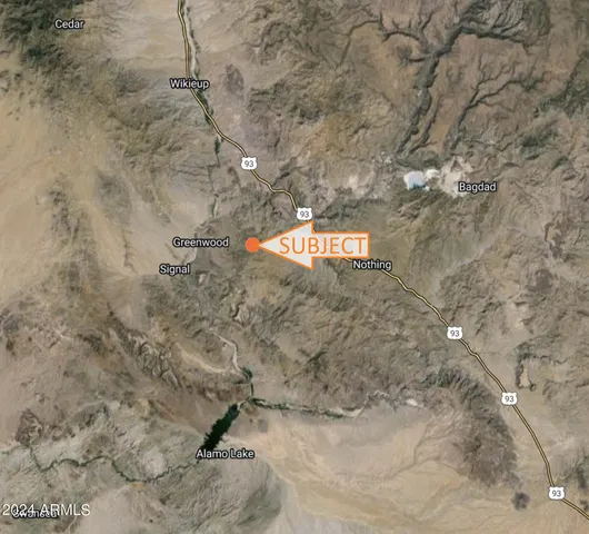 a view of outdoor space with signage and flags