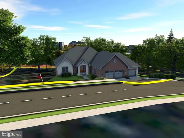 a view of a large pool with lawn chairs under an umbrella