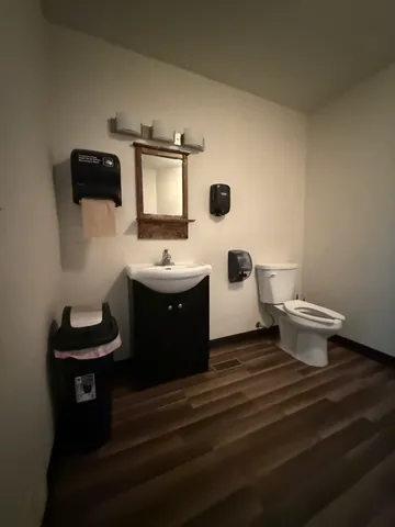 a bathroom with a toilet sink a mirror and