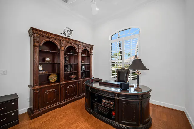 a view of workspace with cabinets