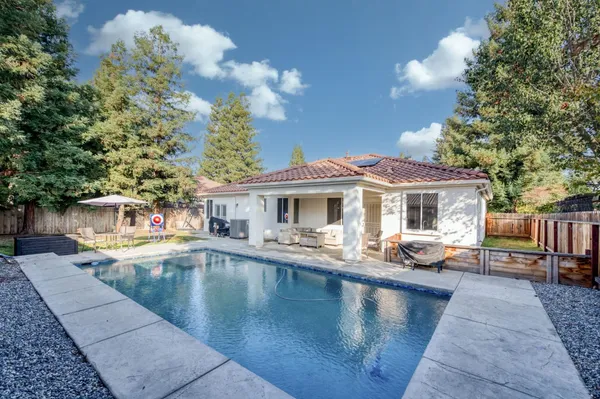 swimming pool view with plants and trees