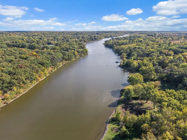 a aerial view of a house with a yard and a large tree