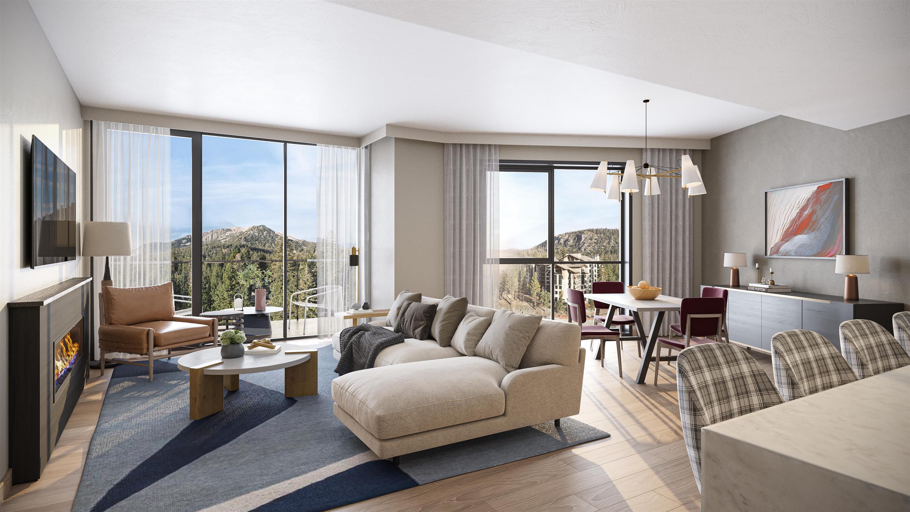 132 Lake Mary Road, Unit 401 Mammoth Lakes, CA 93546 - Photo 7 of 7 a living room with furniture large windows and a flat screen tv