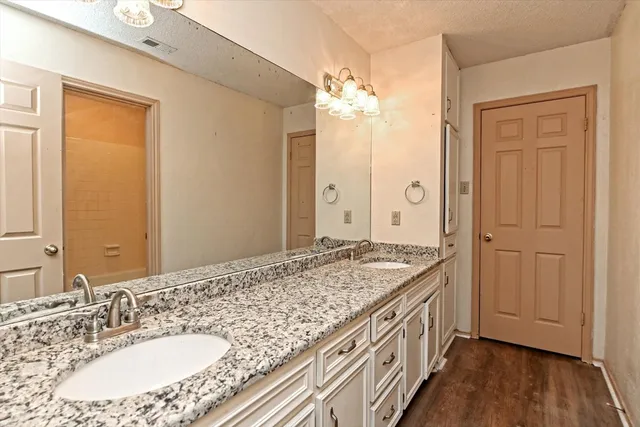 a bathroom with a granite countertop sink a light fixture and a mirror