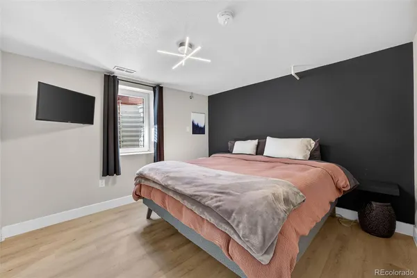 a bedroom with a bed and a flat screen tv