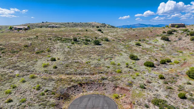 a view of a dry yard with mountains in the background