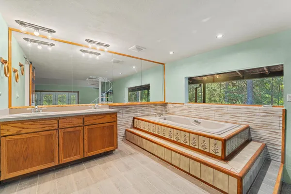 a bathroom with a double vanity sink a mirror and a bathtub