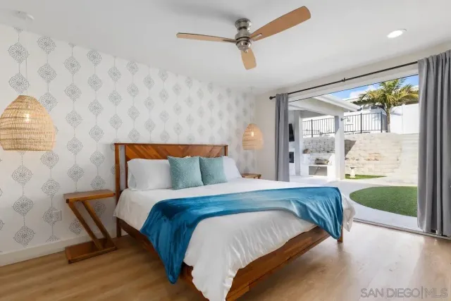 a bedroom with a bed and a night stand