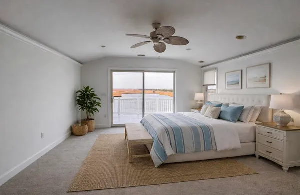 a bed room with a bed and a potted plant