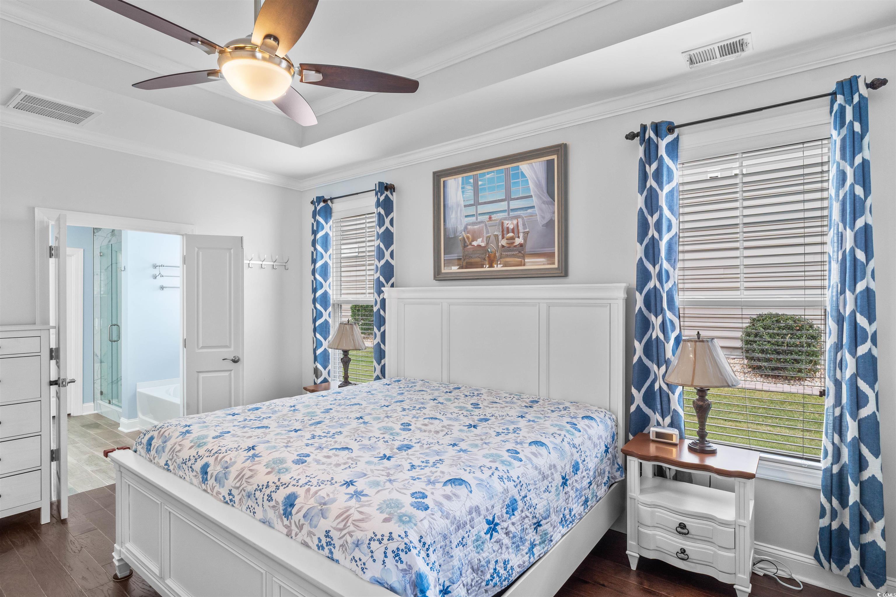 1141 Bronwyn Circle North Myrtle Beach, SC 29582 - Photo 19 of 40 Bedroom featuring dark wood finished floors, ornamental molding, and ceiling fan