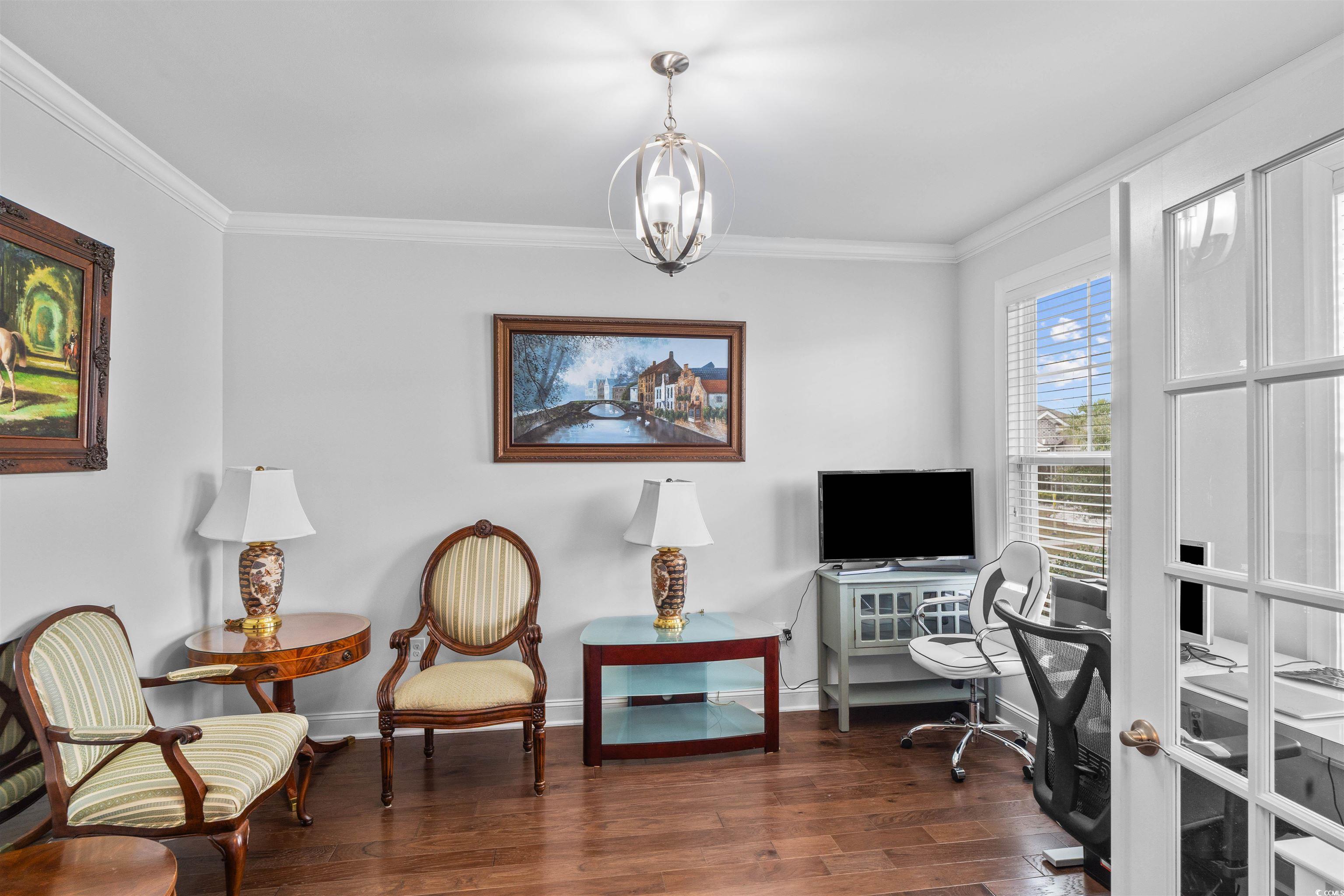 1141 Bronwyn Circle North Myrtle Beach, SC 29582 - Photo 5 of 40 Office with dark wood-style floors, ornamental molding, and a chandelier