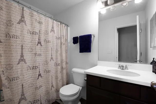 a bathroom with a sink a toilet a mirror and shower curtain